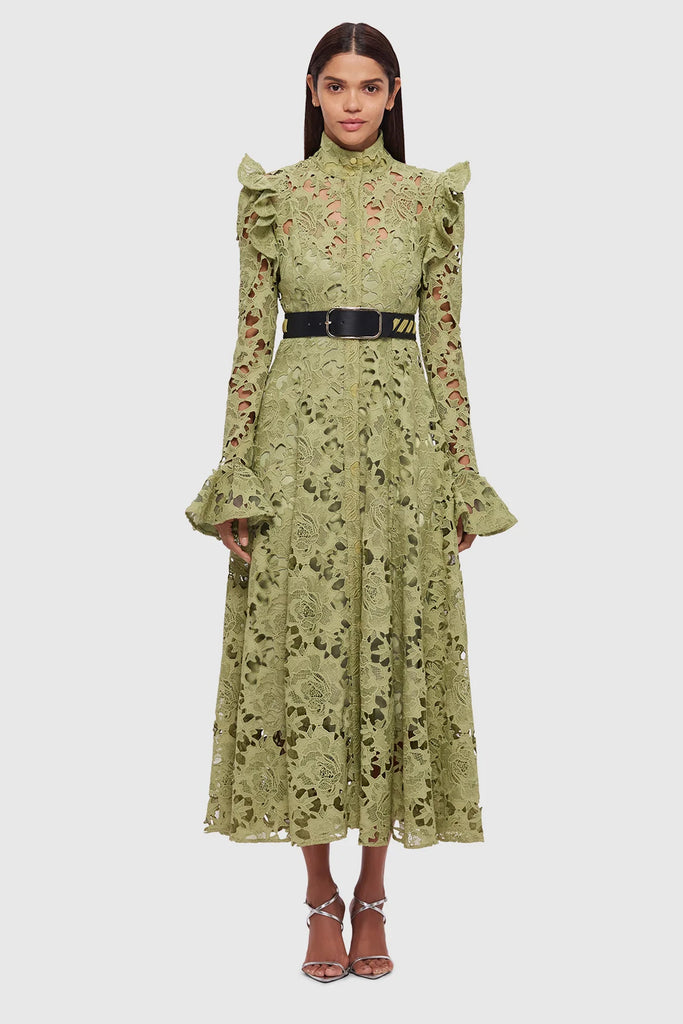 Aliyah Lace Butterfly Sleeve Midi Dress Olive by Leo Lin for Hire