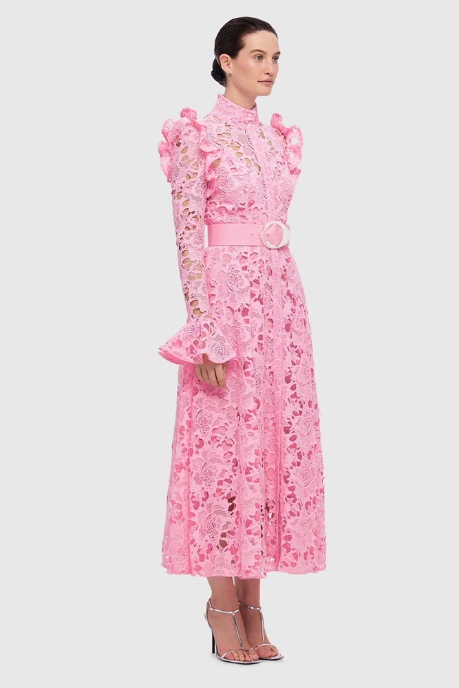Aliyah Lace Butterfly Sleeve Midi Dress Candy Pink by Leo Lin for Hire | High St. Hire Aliyah Lace Butterfly Sleeve Midi Dress Candy Pink by Leo Lin for Hire | High St. Hire