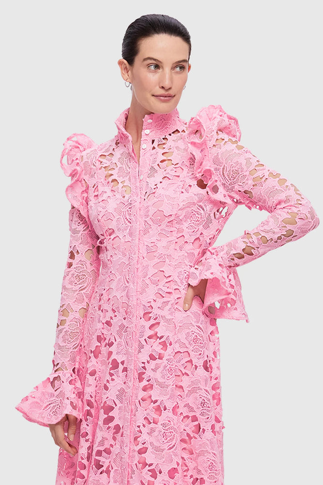 leo lin pink lace dress LEO LIN - Caroline Lace Short Sleeves Midi Dress
