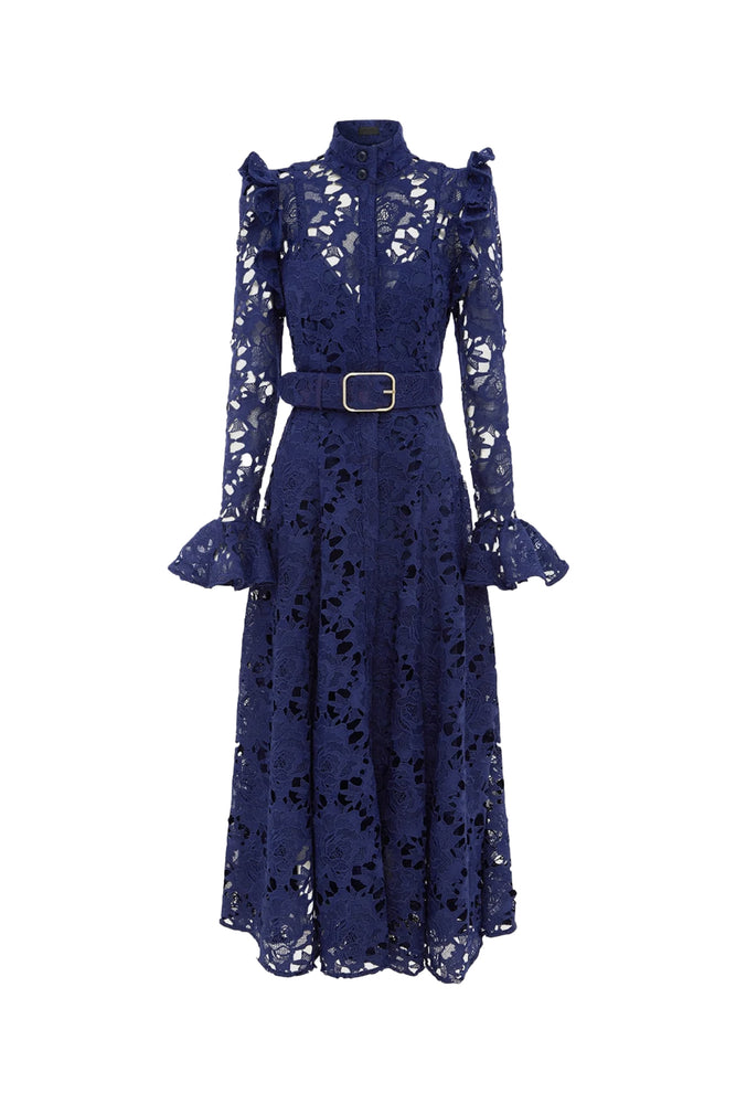 Aliyah Lace Butterfly Sleeve Midi Dress Oxford Blue by Leo Lin for Hire | High St. Hire Aliyah Lace Butterfly Sleeve Midi Dress Oxford Blue by Leo Lin for Hire | High St. Hire