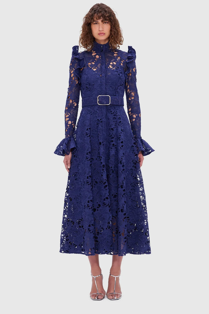 Aliyah Lace Butterfly Sleeve Midi Dress Oxford Blue by Leo Lin