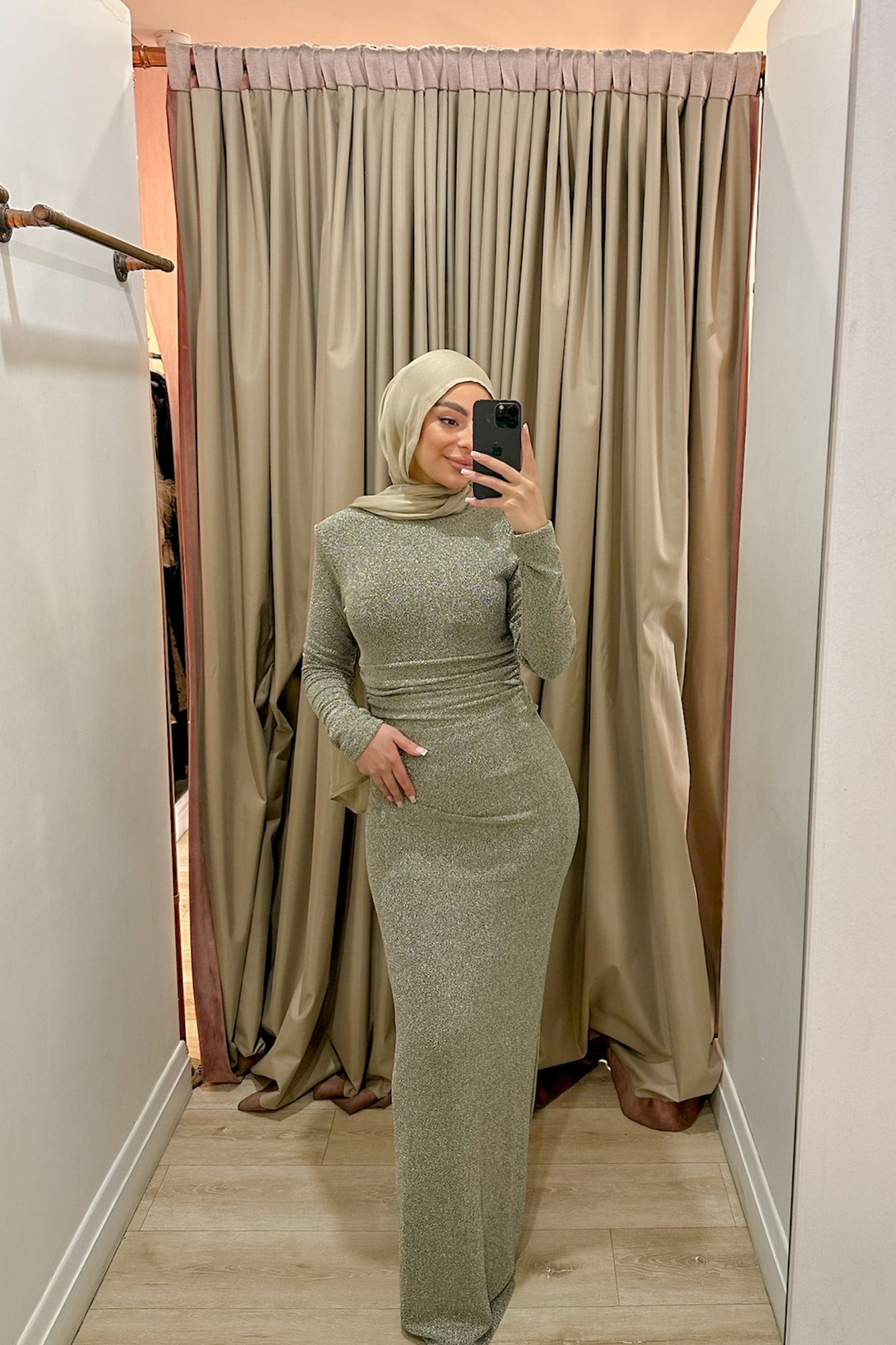 stretch metallic dress Button Detailed Stretch Metallic Draped Long Dress SILVER