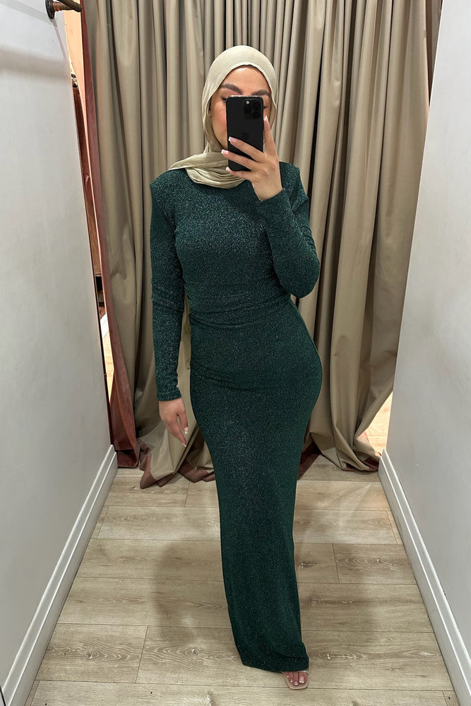 Amani Fitted Stretch Metallic Dress Green by Fatima K Designs