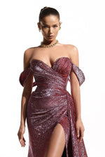 Bella Shimmer Brocade Draped Gown by Fjolla Nila