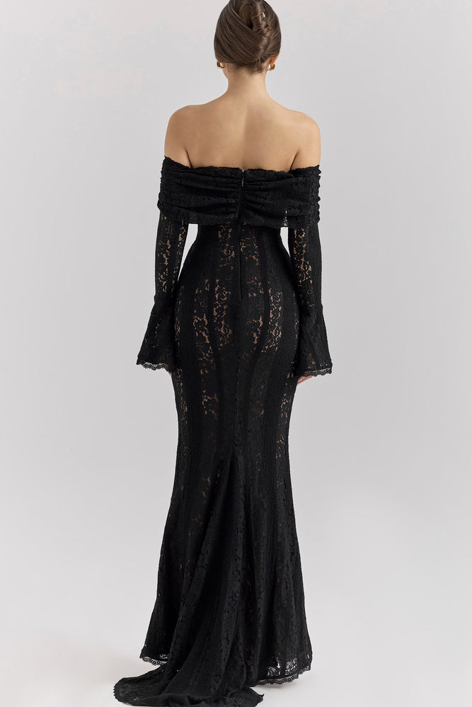 chinese dress ladies Belle Black Off Shoulder Floral Lace Maxi Dress by House of CB