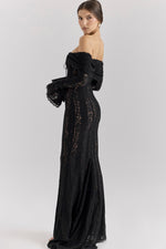 Belle Black Off Shoulder Floral Lace Maxi Dress by House of CB