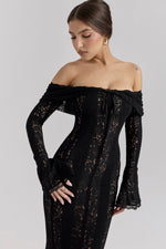 Belle Black Off Shoulder Floral Lace Maxi Dress by House of CB