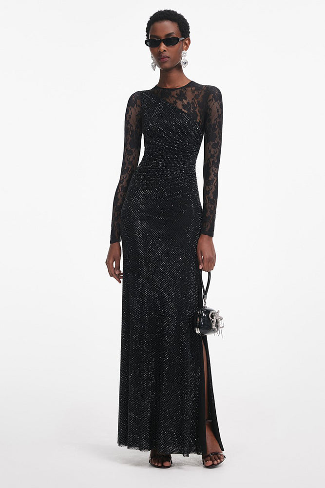 Black Rhinestone Lace Sleeves Maxi Dress by Self-Portrait