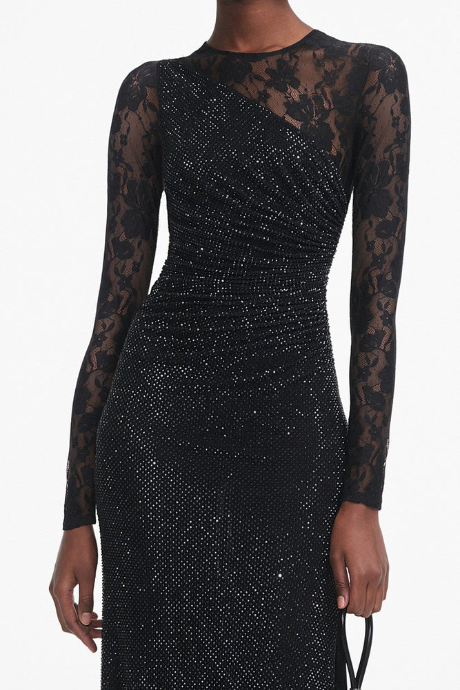Black Rhinestone Lace Sleeves Maxi Dress by Self-Portrait