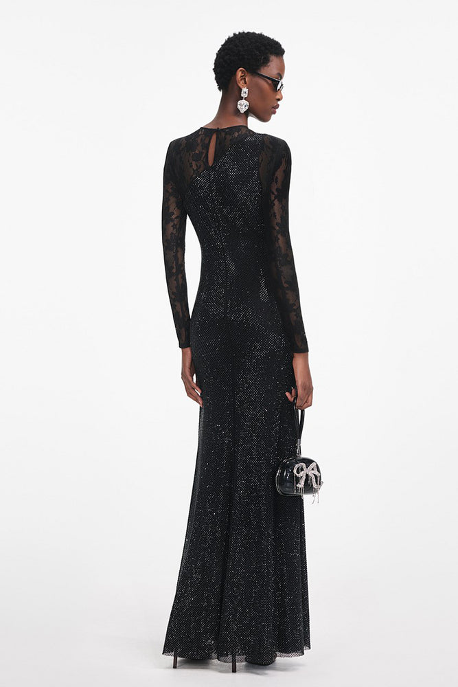 Black Rhinestone Lace Sleeves Maxi Dress by Self-Portrait