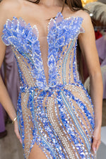 Blue Embellished Dress with Leaf Corset by Albina Dyla For Hire | High St. Hire Blue Embellished Dress with Leaf Corset by Albina Dyla For Hire | High St. Hire