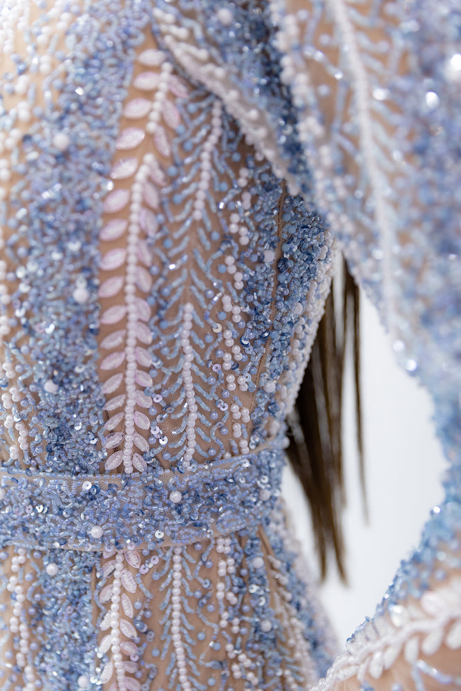 Blue Spiral Beaded Gown by HSH