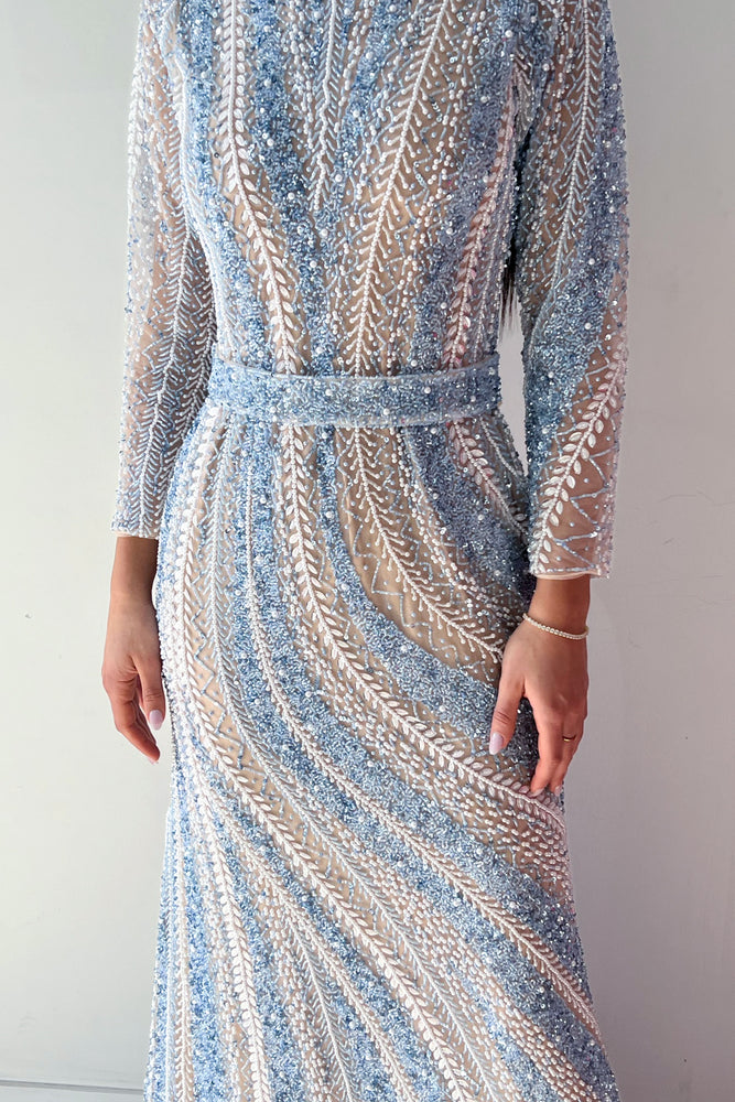 Blue Spiral Beaded Gown by HSH