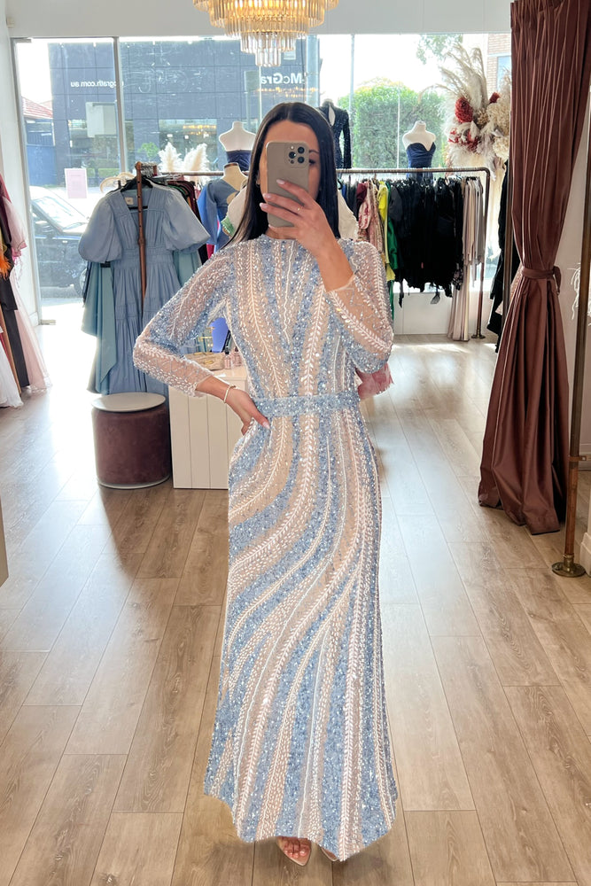 Blue Spiral Beaded Gown by HSH