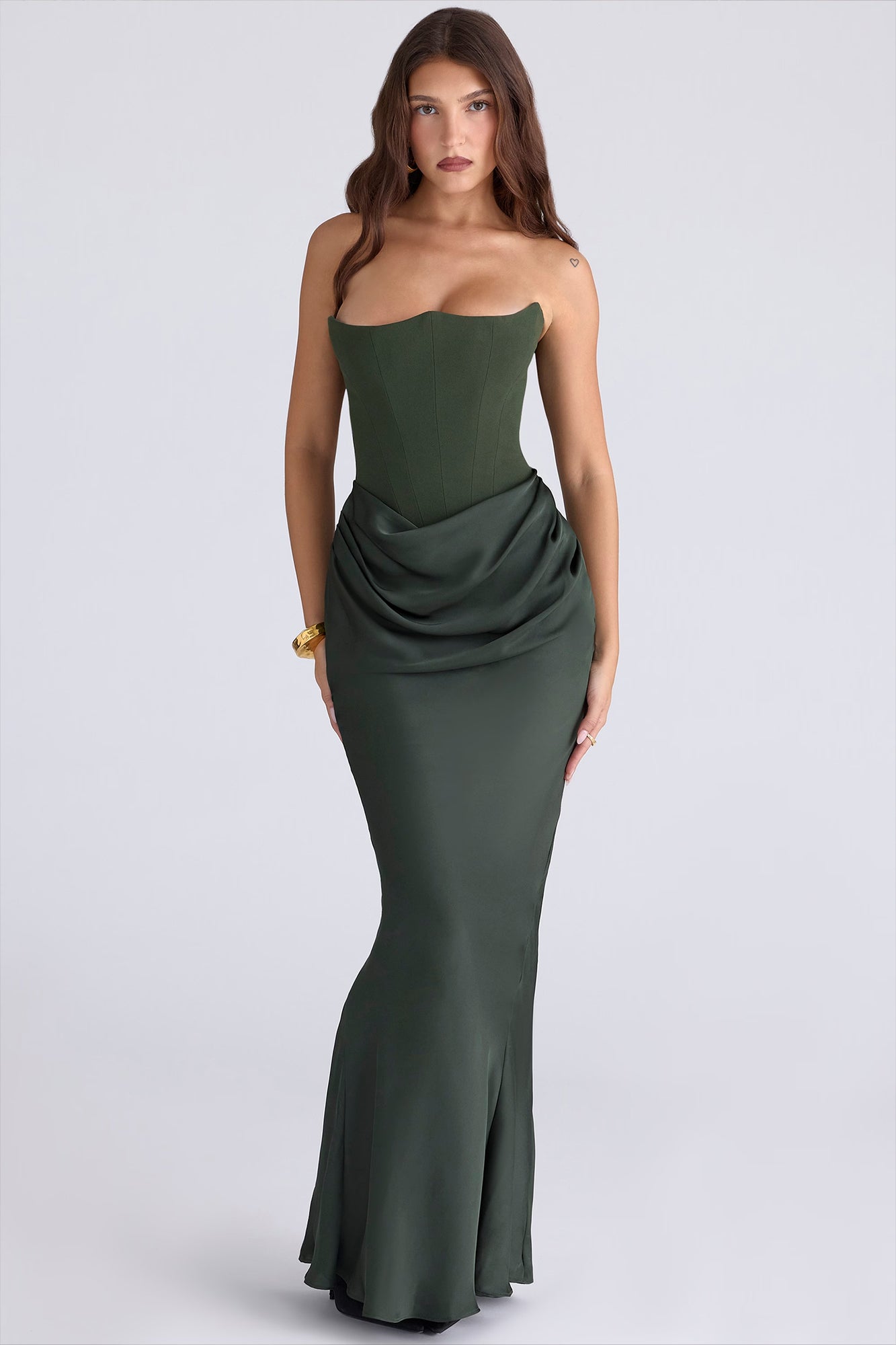 Persephone Emerald Green Crepe Strapless Corset Maxi Dress by House of CB | High St. Hire Persephone Emerald Green Crepe Strapless Corset Maxi Dress by House of CB | High St. Hire