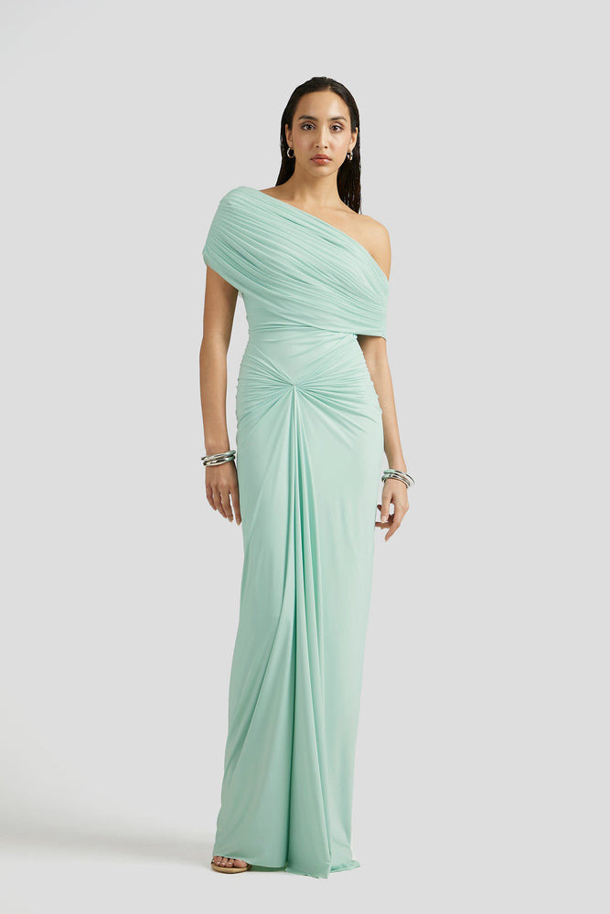 Katya Green Asymmetrical Gathered Maxi Dress For Hire | High St. Hire