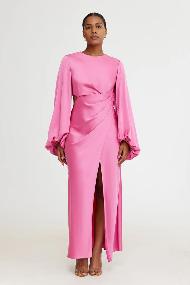 pink satin long sleeve dress Dusty Pink Satin Maxi Dress With Bishop Sleeves and Leg Slit