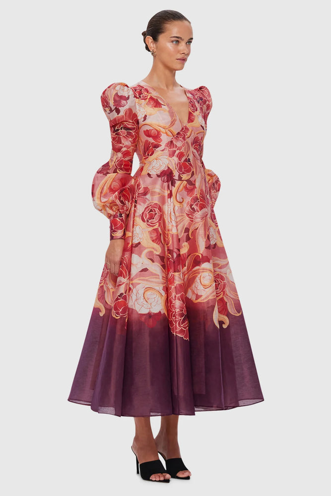 Lilah Structured Shoulder V Neck Dress Adorn Print in Passion by Leo Lin