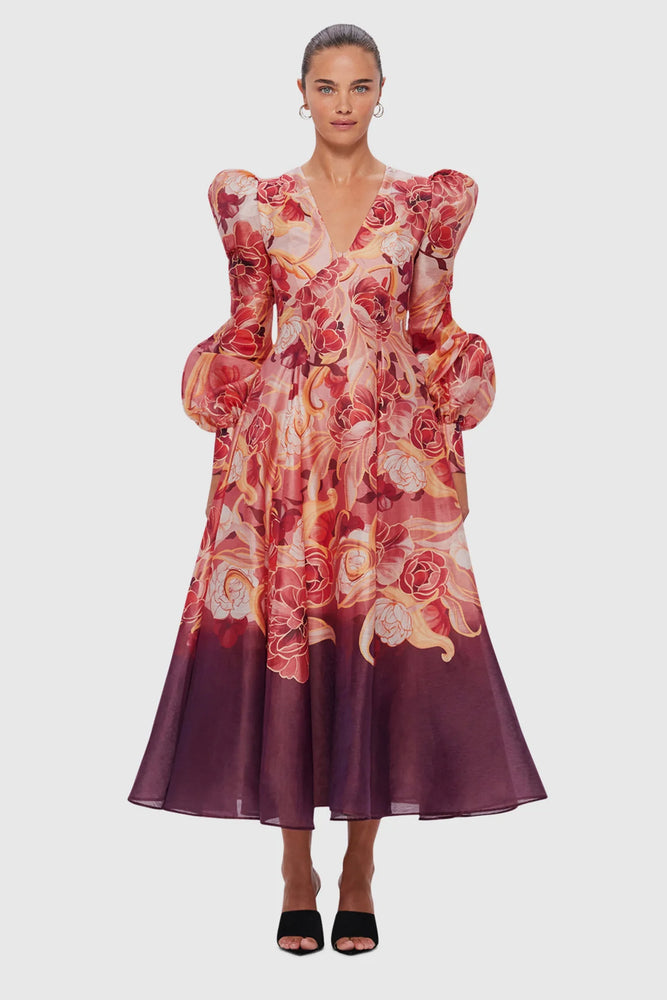 Lilah Structured Shoulder V Neck Dress Adorn Print in Passion by Leo Lin for Hire | High St. Hire Lilah Structured Shoulder V Neck Dress Adorn Print in Passion by Leo Lin for Hire | High St. Hire