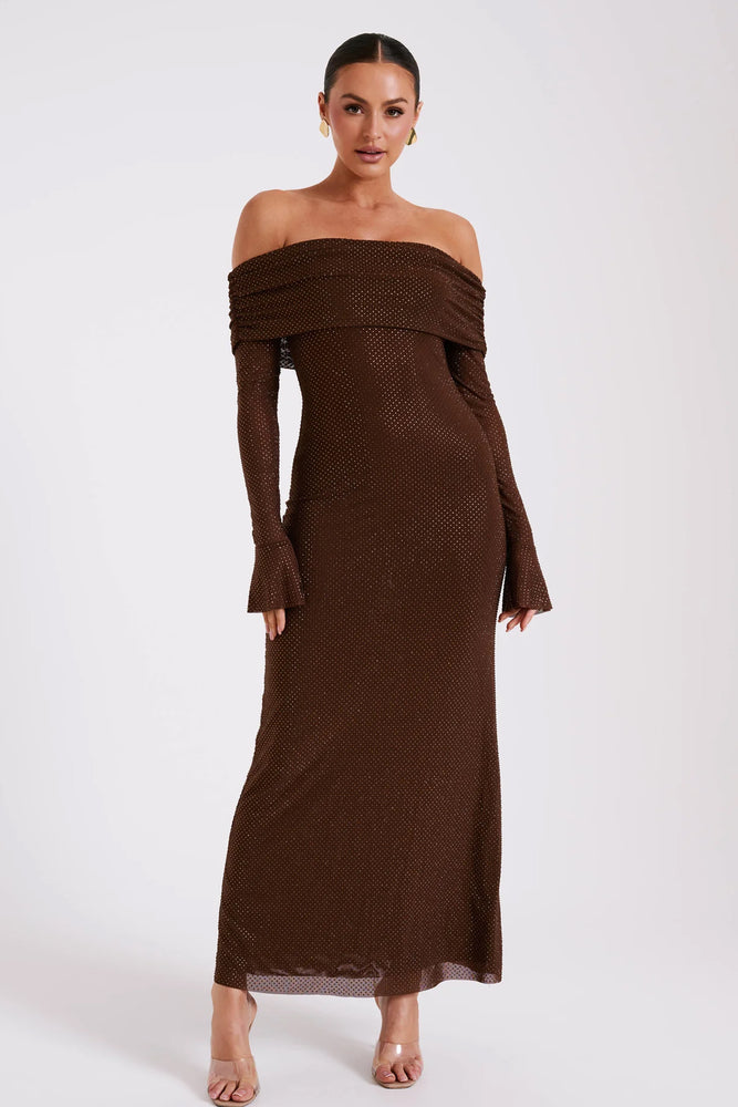 Marcel Off Shoulder Diamante Maxi Dress Brown by Meshki For Hire | High St. Hire Marcel Off Shoulder Diamante Maxi Dress Brown by Meshki For Hire | High St. Hire