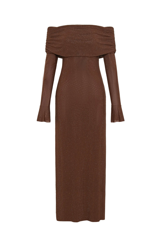 Marcel Off Shoulder Diamante Maxi Dress Brown by Meshki For Hire | High St. Hire Marcel Off Shoulder Diamante Maxi Dress Brown by Meshki For Hire | High St. Hire