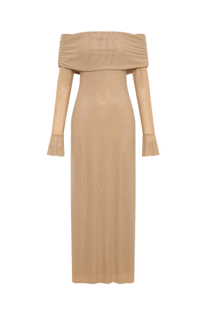 Marcel Off Shoulder Diamante Maxi Dress Nude by Meshki For Hire | High St. Hire Marcel Off Shoulder Diamante Maxi Dress Nude by Meshki For Hire | High St. Hire