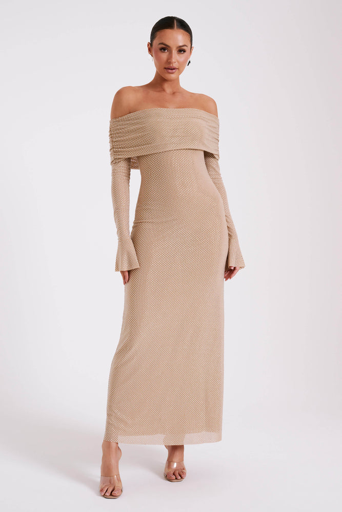Marcel Off Shoulder Diamante Maxi Dress Nude by Meshki For Hire | High St. Hire Marcel Off Shoulder Diamante Maxi Dress Nude by Meshki For Hire | High St. Hire