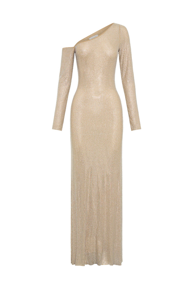 Marcia Diamante Long Sleeve Maxi Dress Nude by Meshki For Hire | High St. Hire Marcia Diamante Long Sleeve Maxi Dress Nude by Meshki For Hire | High St. Hire