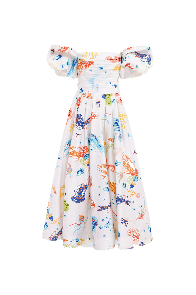 Matilda Puff Sleeve Midi Dress Twilight Print in White Scarlet by Leo Lin for SALE | High St. Hire Matilda Puff Sleeve Midi Dress Twilight Print in White Scarlet by Leo Lin for SALE | High St. Hire