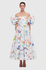 Matilda Puff Sleeve Midi Dress Twilight Print in White Scarlet by Leo Lin