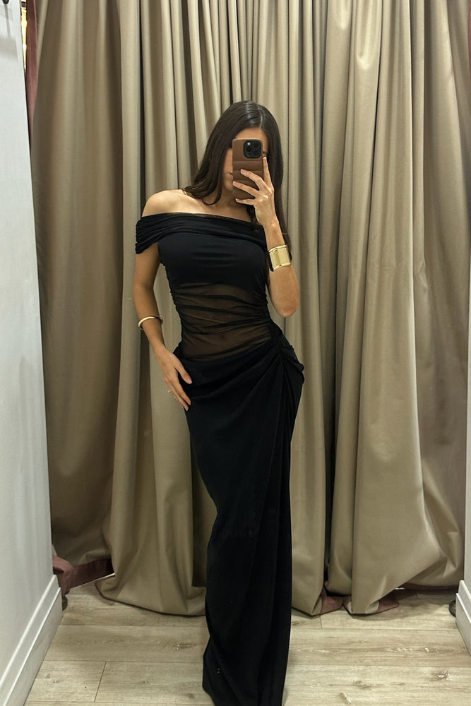 Nico Off Shoulder Maxi Dress Black by Benni for Hire  High St. Hire