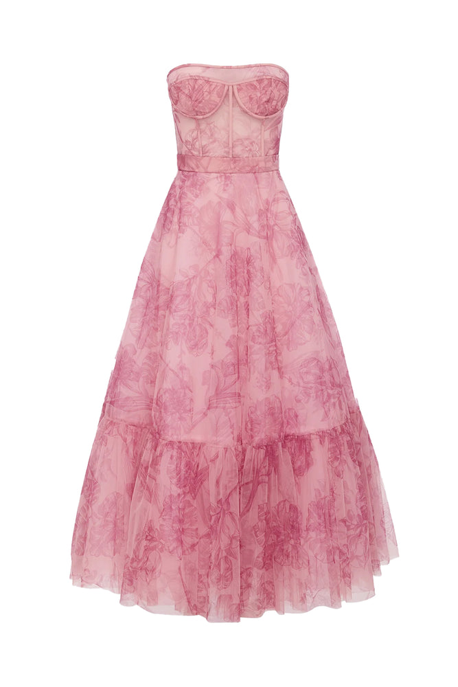 Rae Bustier Midi Dress Harmony Print in Plum Blossom by Leo Lin for Hire | High St. Hire Rae Bustier Midi Dress Harmony Print in Plum Blossom by Leo Lin for Hire | High St. Hire
