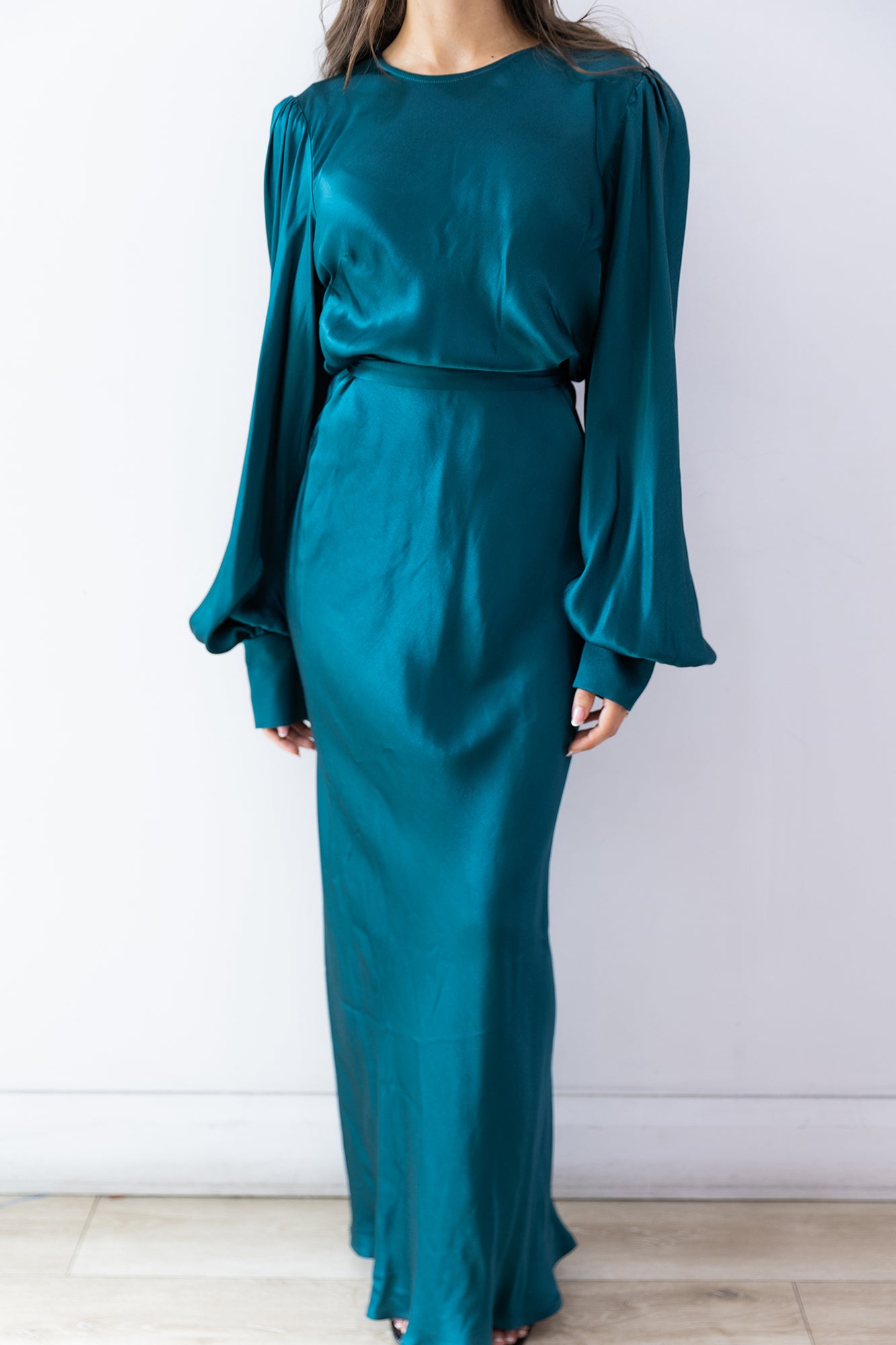 Sherri Satin Puff Sleeve Gown Teal by Fatima K Designs For Hire | High St. Hire Sherri Satin Puff Sleeve Gown Teal by Fatima K Designs For Hire | High St. Hire