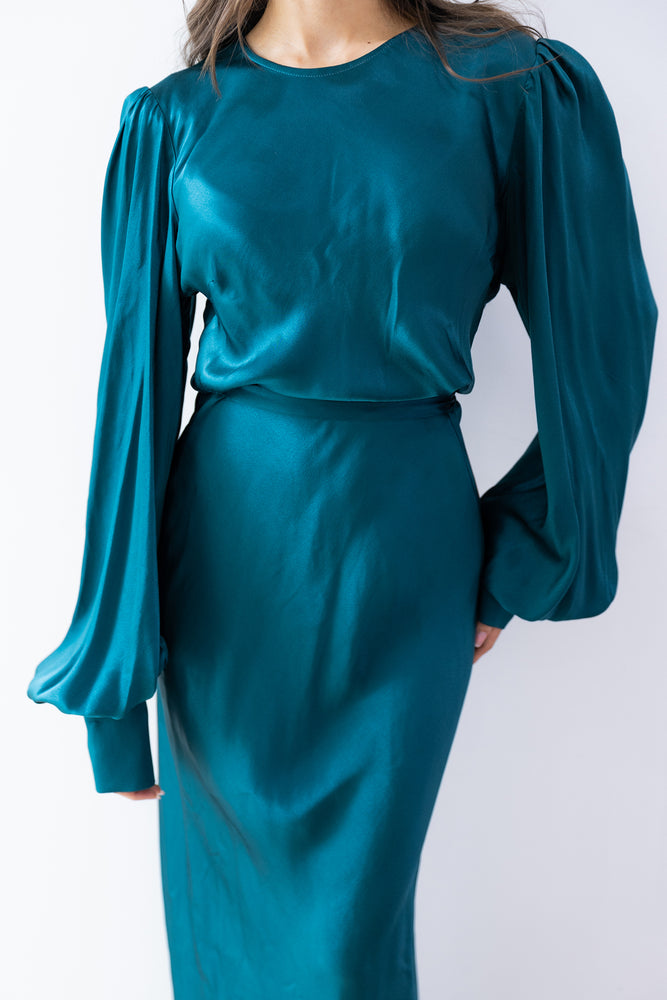 Sherri Satin Puff Sleeve Gown Teal by Fatima K Designs