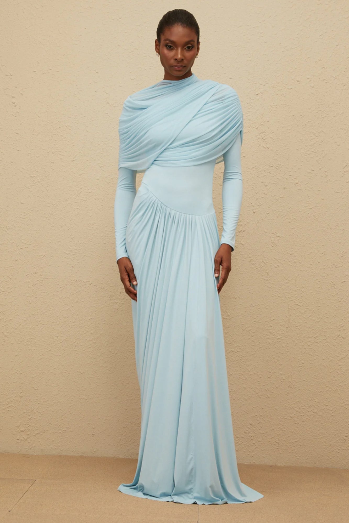 Valentina Baby Blue Draped Gown For Hire | High St. Hire Valentina Baby Blue Draped Gown For Hire | High St. Hire