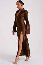 Whitley Satin Collared Maxi Dress Dark Brown by Meshki