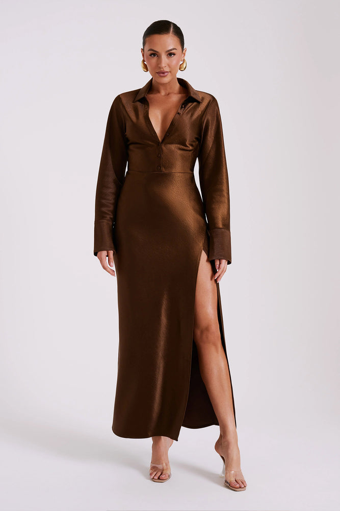 Whitley Satin Collared Maxi Dress Dark Brown by Meshki