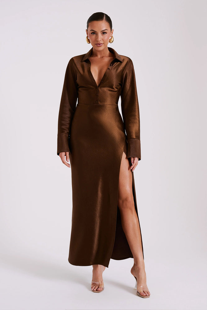 Whitley Satin Collared Maxi Dress Dark Brown by Meshki For Hire