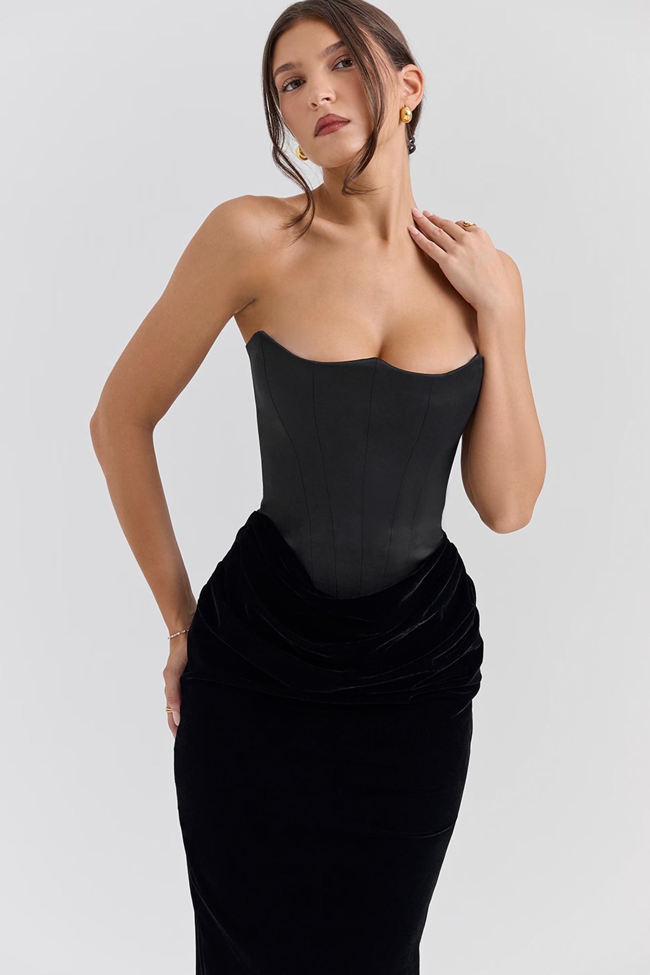 Persephone Black Velvet Strapless Maxi Dress by House of CB | High St. Hire Persephone Black Velvet Strapless Maxi Dress by House of CB | High St. Hire