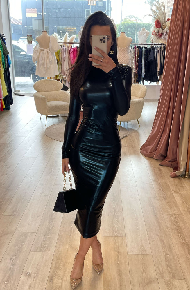 Gia Midi Dress Black Wetlook by Effie Kats for Hire High St. Hire Gia Midi Dress Black Wetlook by Effie Kats for Hire High St. Hire
