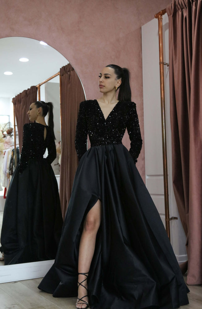 Black Sequin Square Neck Long Sleeve Split Prom Dress - Lunss