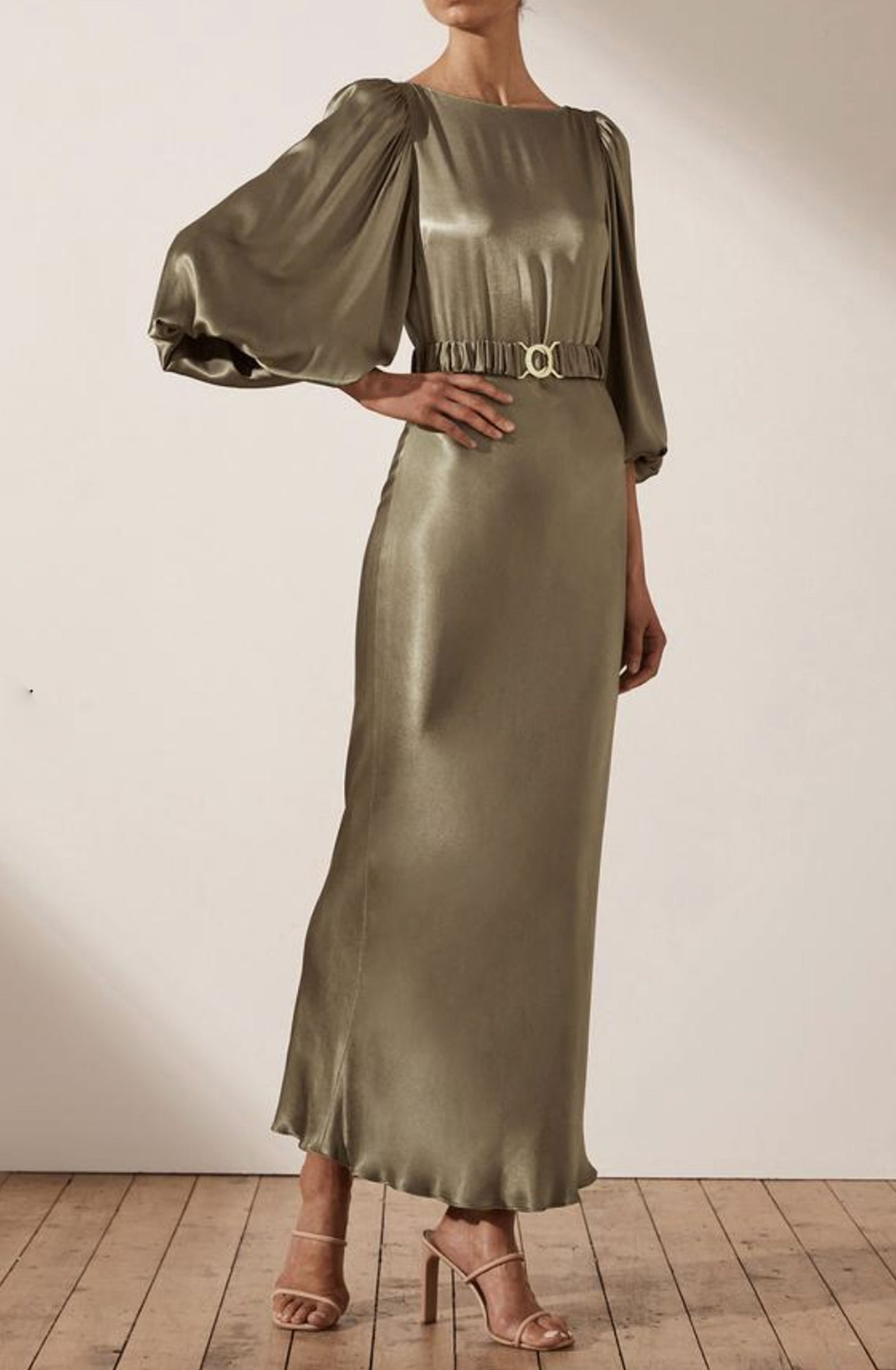 Giselle Balloon Sleeve Midi Dress With Belt Moss By Shona Joy