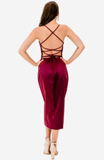Low V Neck Satin Berry Midi Gown by Jadore (JX1101C)