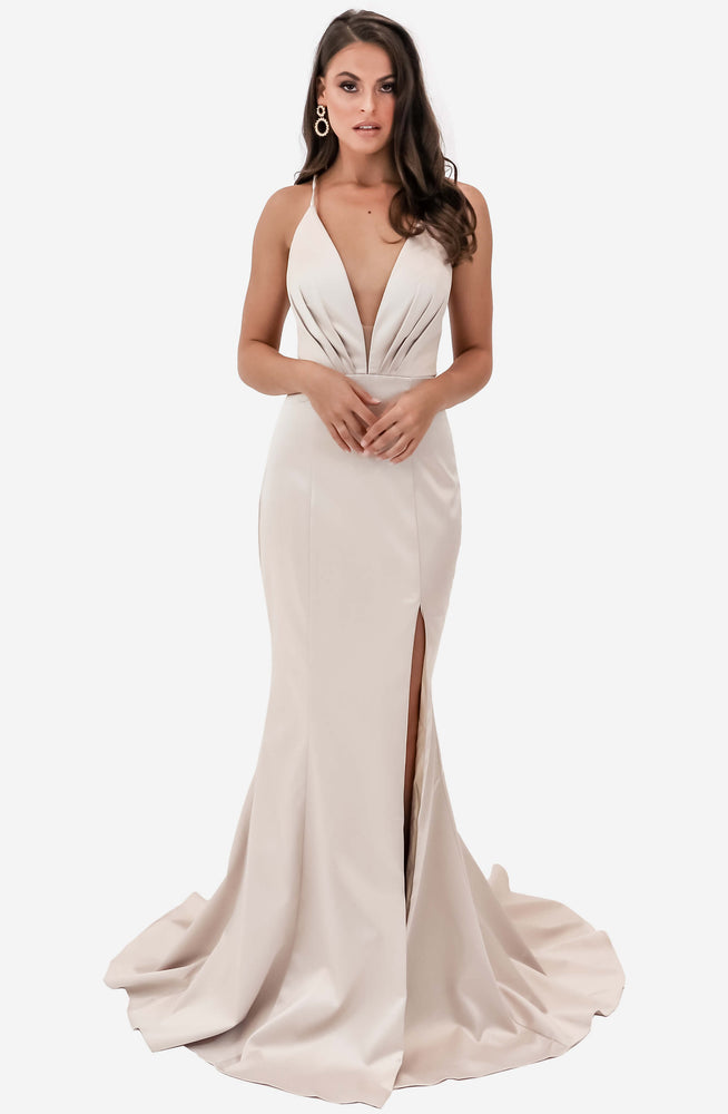 Low V Neck Satin Nude Gown by Jadore (JX1101)