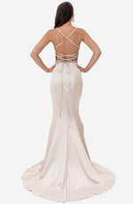 Low V Neck Satin Nude Gown by Jadore (JX1101)
