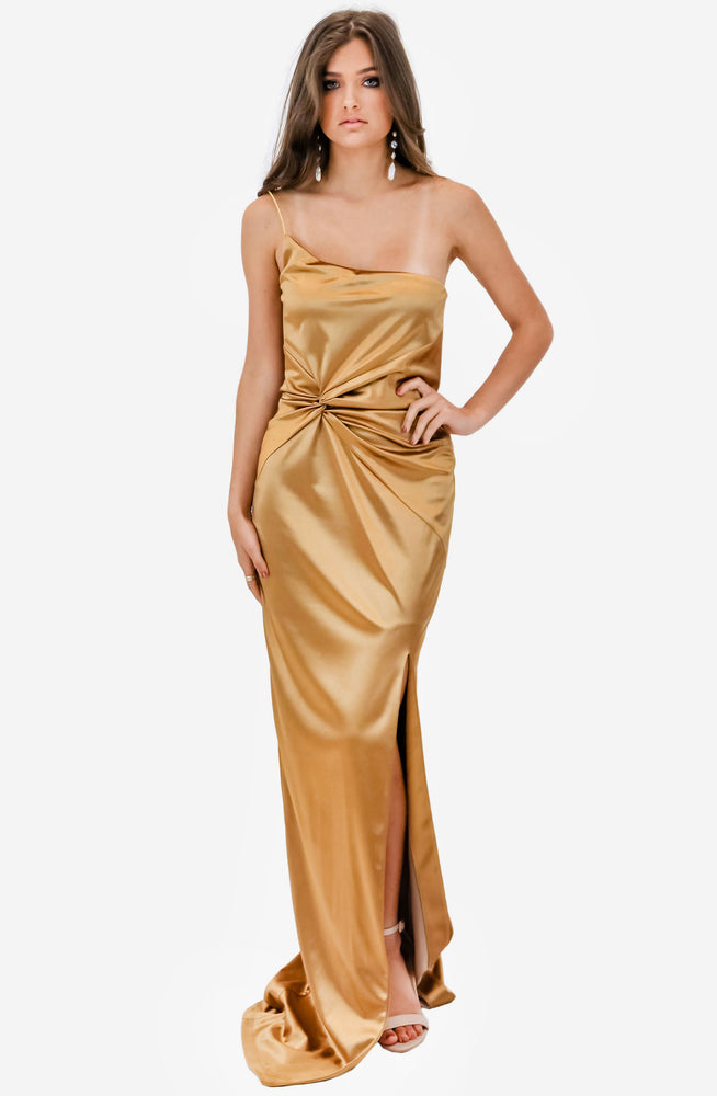 Nookie Tease Satin Gold Gown for Sale | High St. Hire Nookie Tease Satin Gold Gown for Sale | High St. Hire