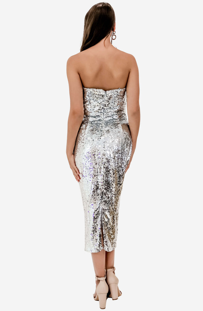 bariano silver sequin dress Bariano one shoulder sequin gown with thigh split in silver