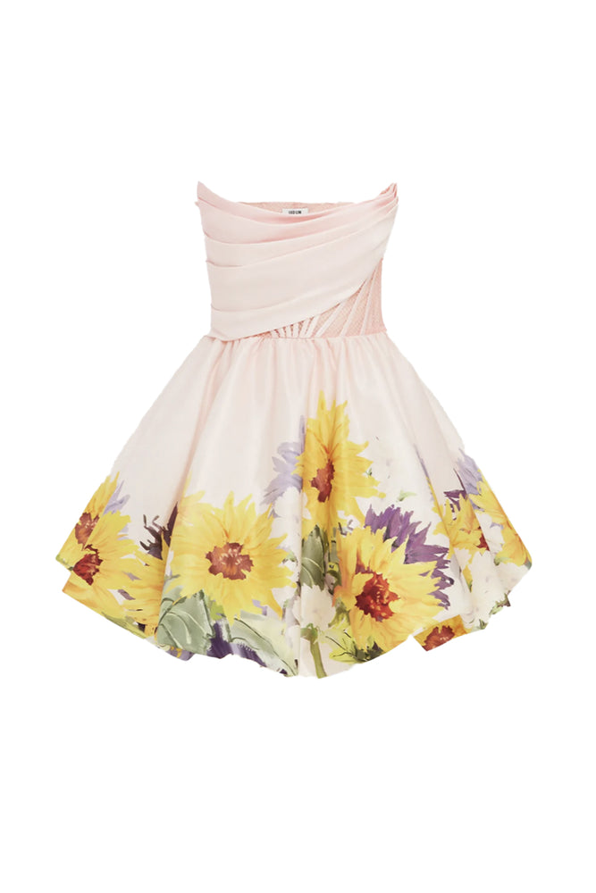 leo lin sunflower dress Leo Lin Brenda Sunflower Puffy Sleeve Mini Dress Sunflower Print in Landscape Size 6