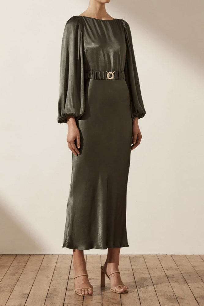 shona joy la lune plunge balloon sleeve satin midi dress Shona Joy