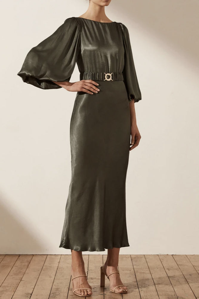la lune balloon sleeve midi dress with belt cream La Lune Balloon Sleeve Midi Dress with Belt | Cream | Dresses
